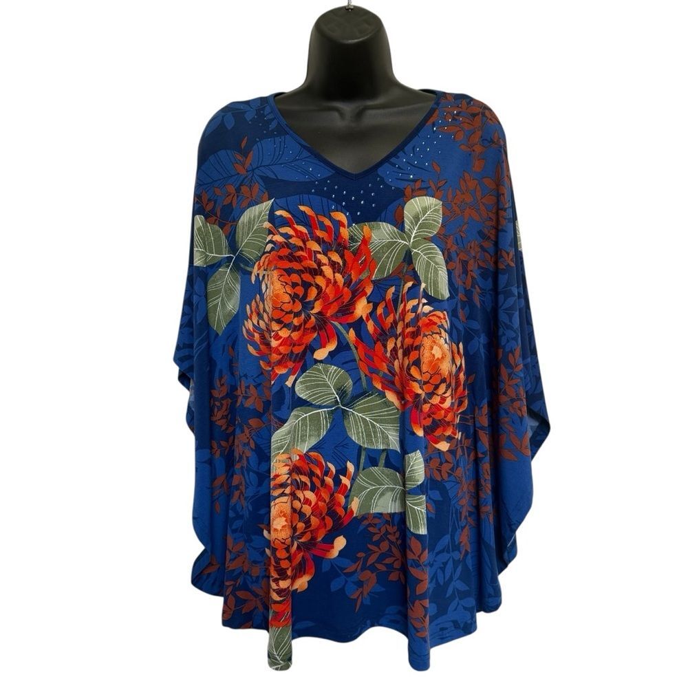 Quacker Factory Chrysanthemum Floral V-Neck Caftan Top Blue Orange Sz S